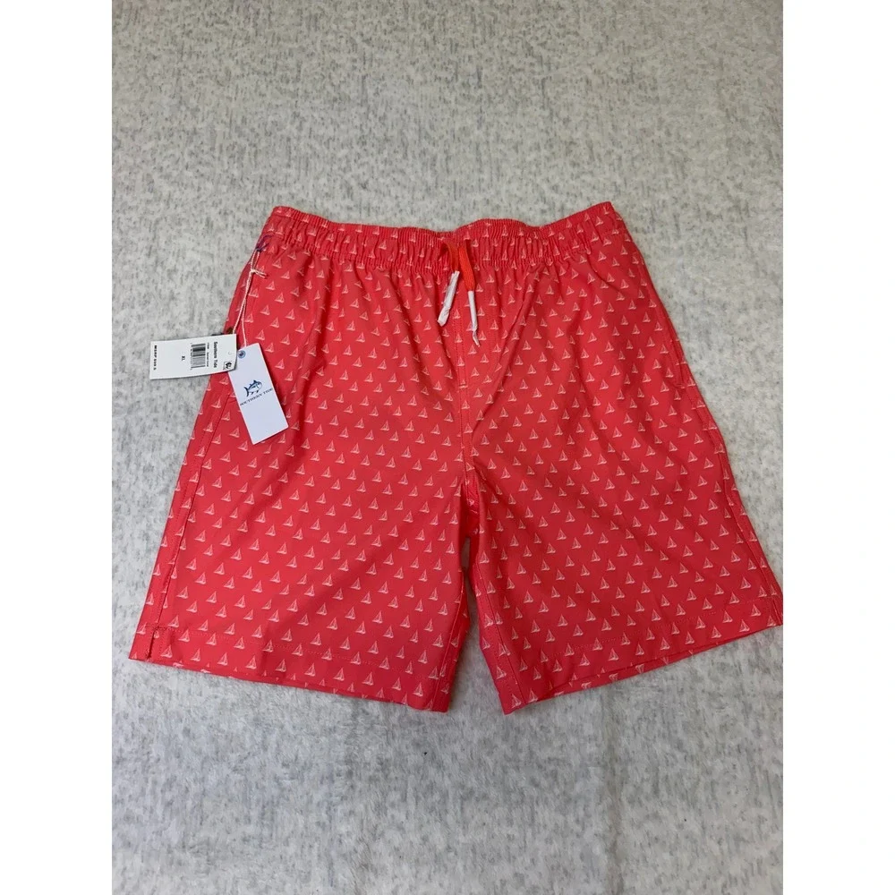 Southern Tide Boys XL 16 Sunset Coral Sailboat Print Swim Trunks NWT 11538